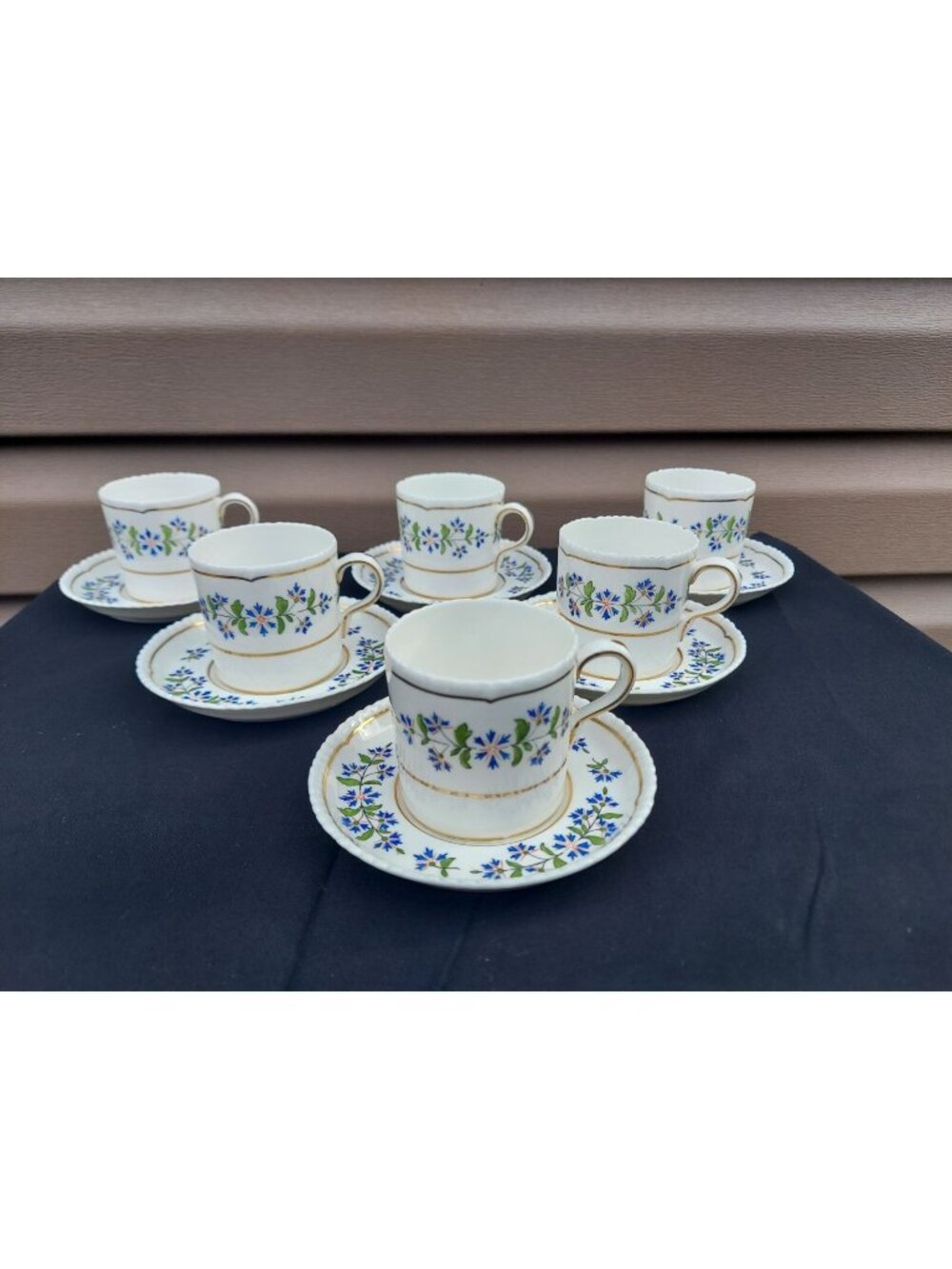 6 Royal Crown Derby Demitasse Cups & Saucers Blue Cornflower